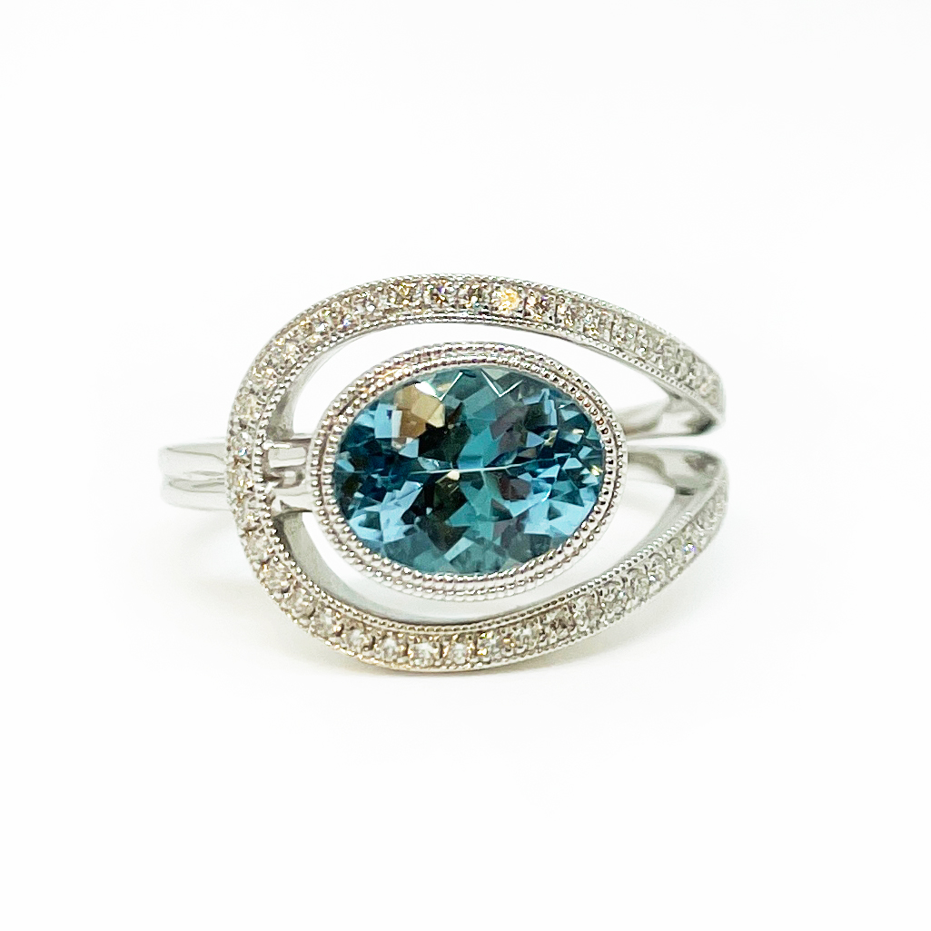 White Gold Ring with Aqua and Diamonds