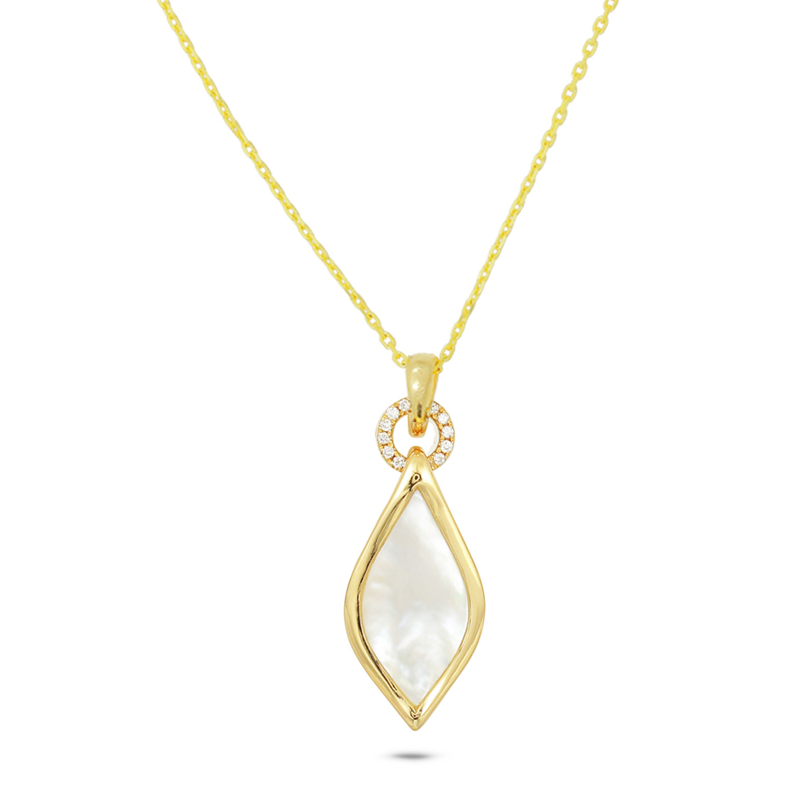 Yellow Gold Mother of Pearl and Diamond Pendant with Chain