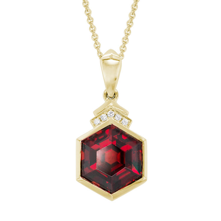 Yellow Gold Hexagon Garnet Pendant with 0.02 Total Weight Diamond and Chain