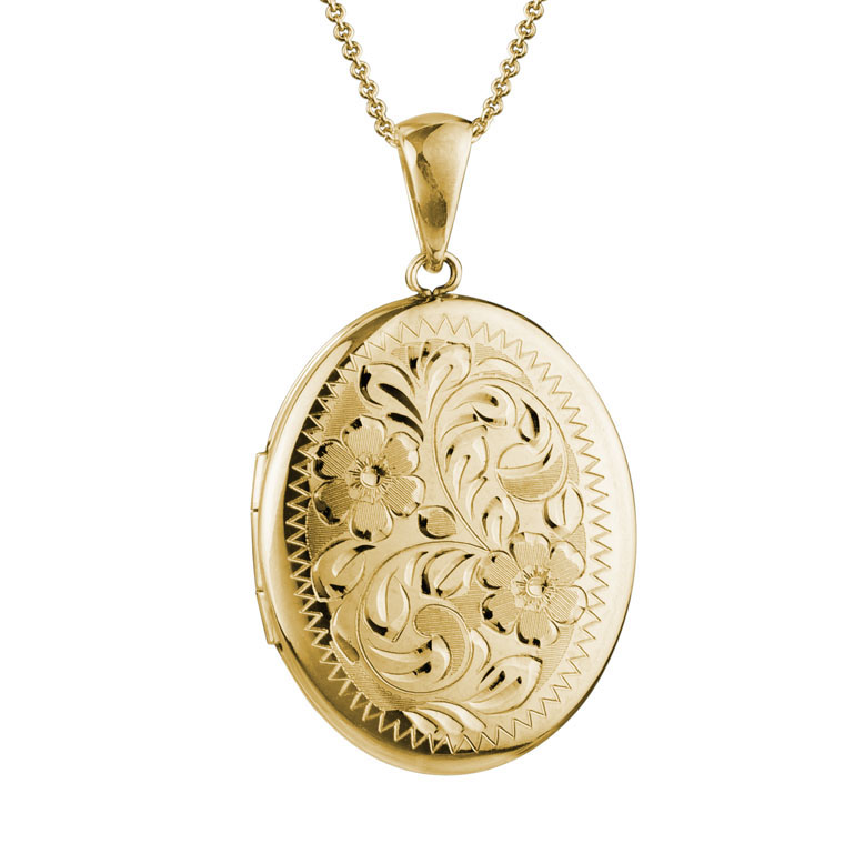 Yellow Gold Engraved Oval Locket with Chain