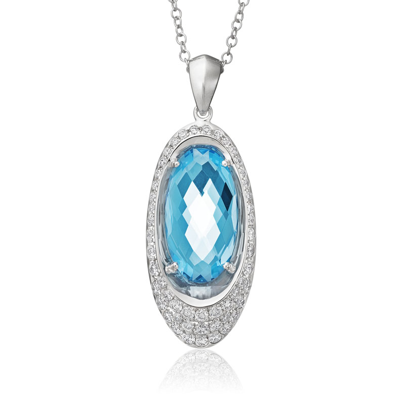 White Gold Pendant with Oval Blue Topaz and Diamonds