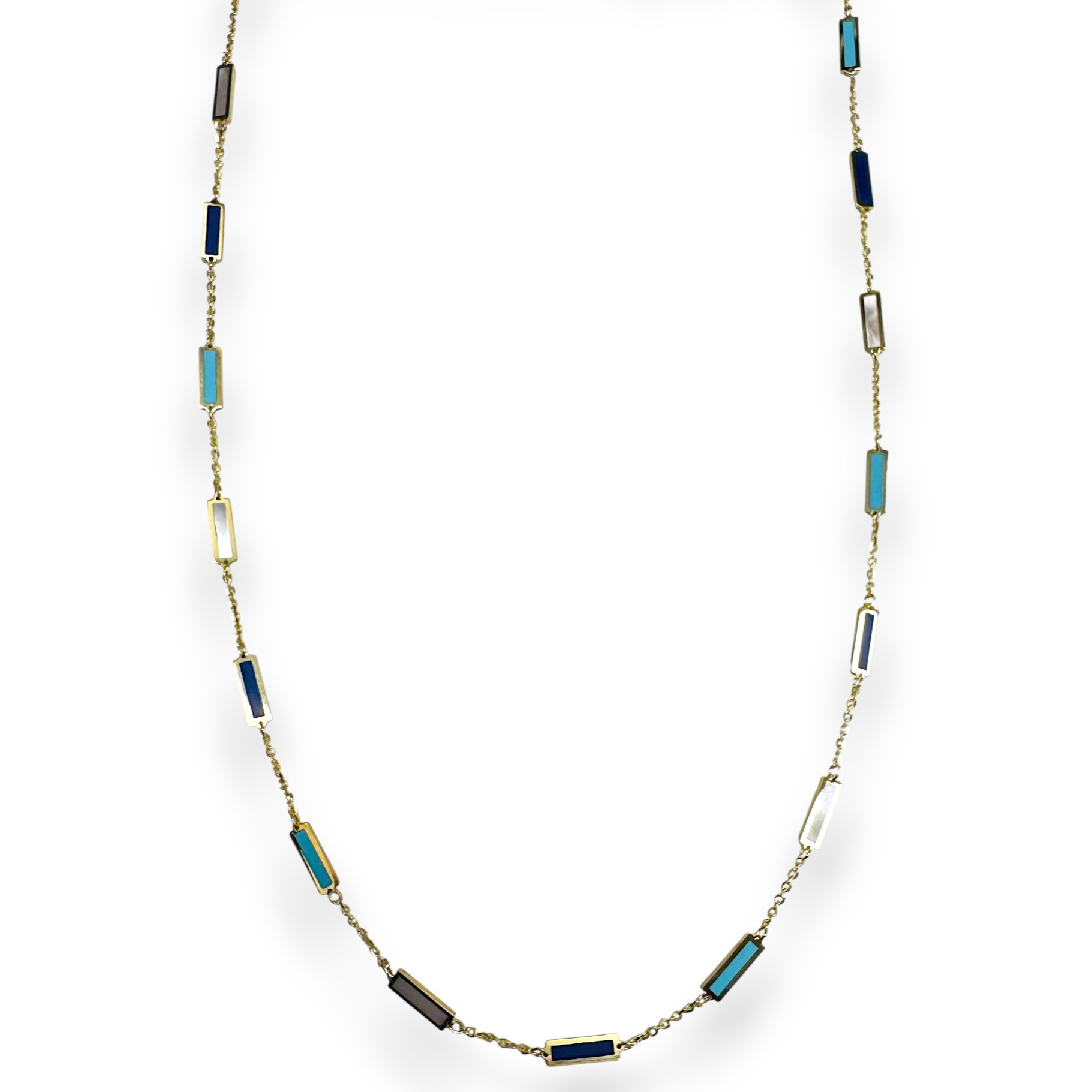 Yellow gold mother of pearl, turqoise, and lapis inlay necklace