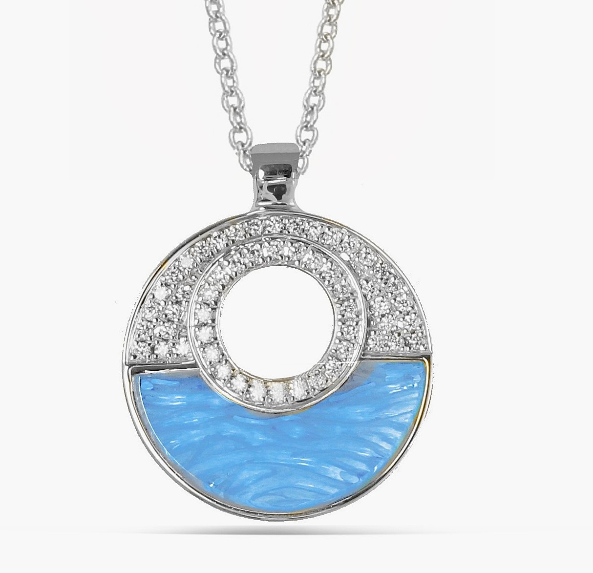 White gold blue, topaz and diamond hand carved pendant necklace
